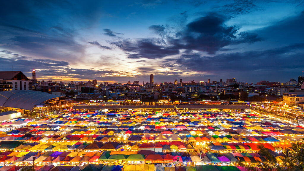 colorful tents night market bangkok thailand